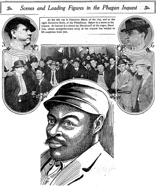 Newt Lee, center. At top left, City Detective Black; top right, Harry Scott, the Pinkerton agent who could not be corrupted