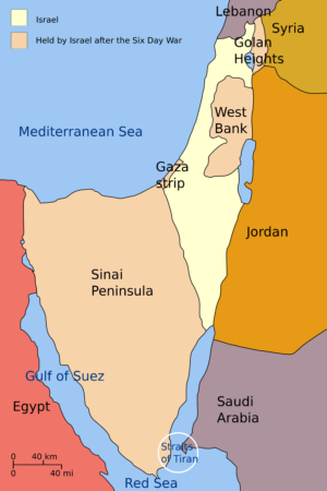 A map depicting the territories gained by the Israeli's in six days during The Six Day War in June, 1967. The Israelis attacked Egypt first, initially claiming that it was actually Egypt who attacked them first. The area that Israel held more than doubled, as well as placing themselves in control of more than 1 million Palestinians.