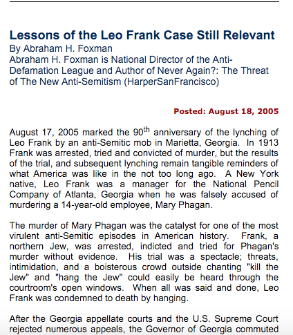 Screen shot of ADL article claiming that Leo Frank was "convicted without evidence."